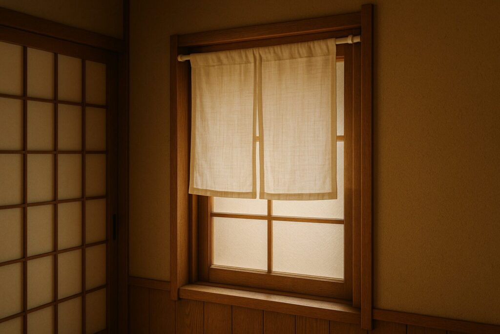 突っ張り棒のれんをミシンで縫製している作業風景