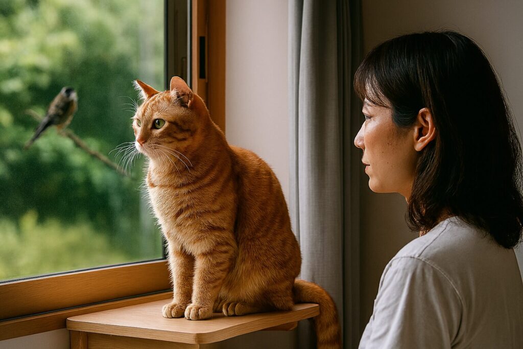 猫窓際台をDIYで製作した木製の棚と猫