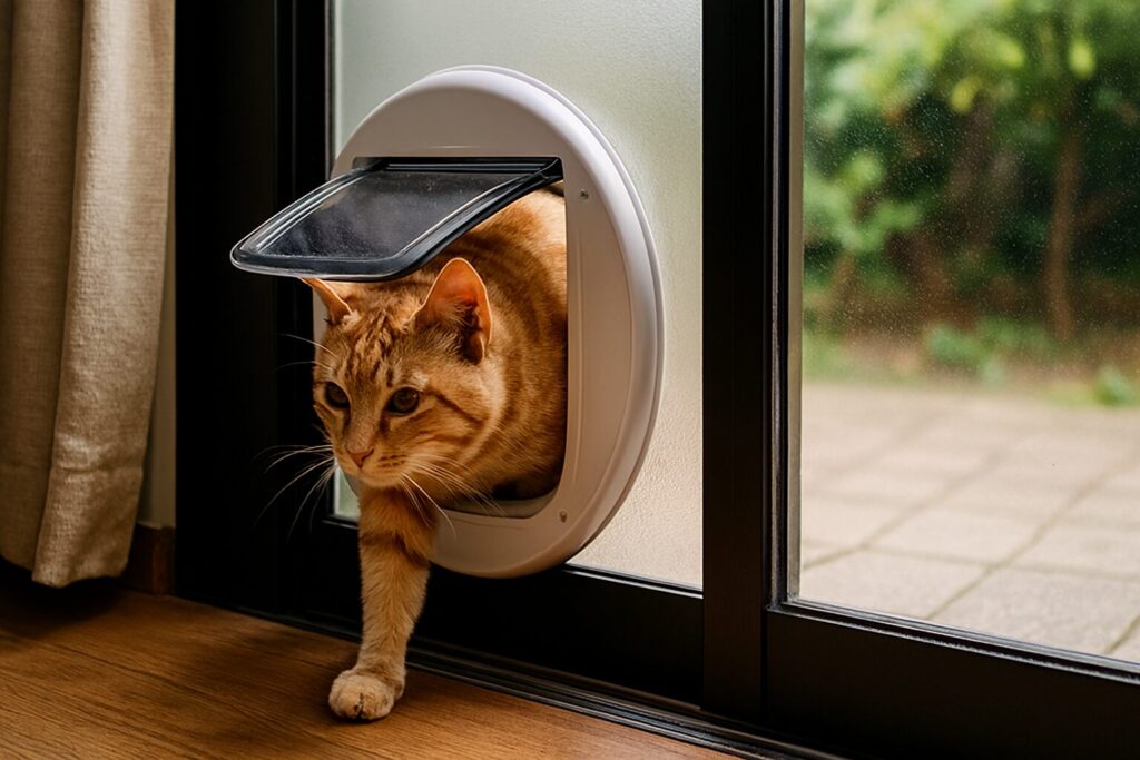 キャットドアを穴開けせずに引き戸へ設置するイメージ