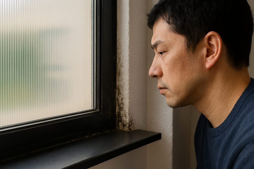窓にプラダンを設置した際の結露とカビ発生の関係を示すイメージ(通気不足・断熱DIYの落とし穴)