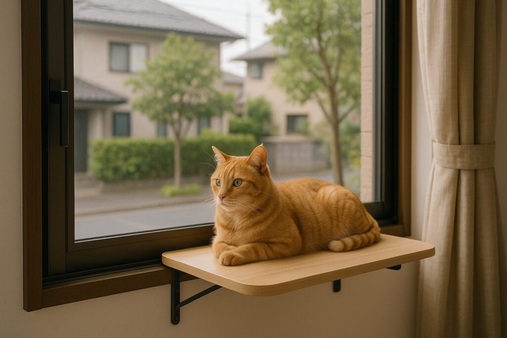 猫窓際台で窓辺に座る猫と日向ぼっこの様子