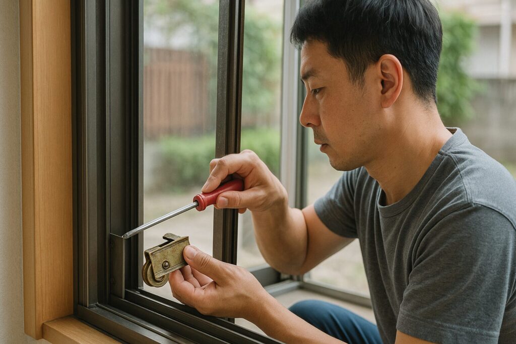 古いサッシの戸車を交換して引き戸を軽くする作業手順|摩耗した戸車の交換事例