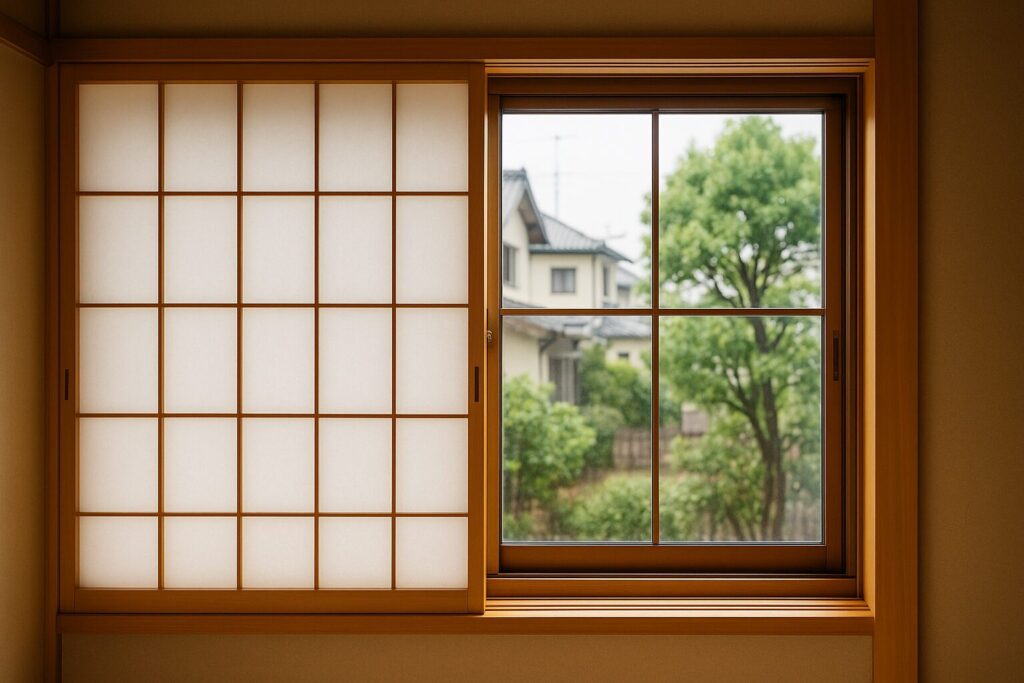和室に設置された内窓障子と窓の自然光と木枠の様子