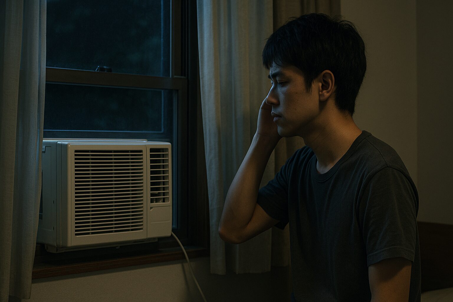 窓用エアコンの音が気になる男性