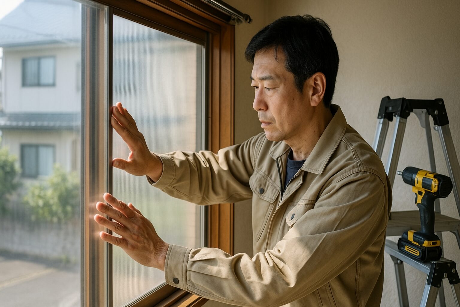 ガラスの代わりDIYで窓を施工する男性