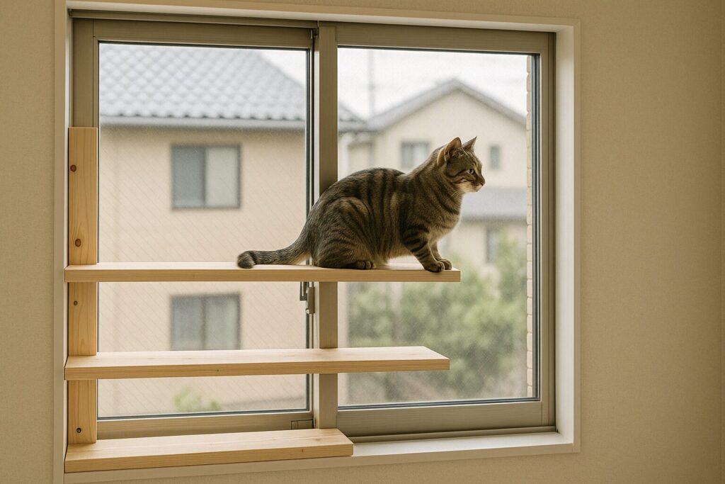 窓枠キャットウォークをDIYで設置した完成イメージ|安全基準を満たしたおしゃれな猫用通路