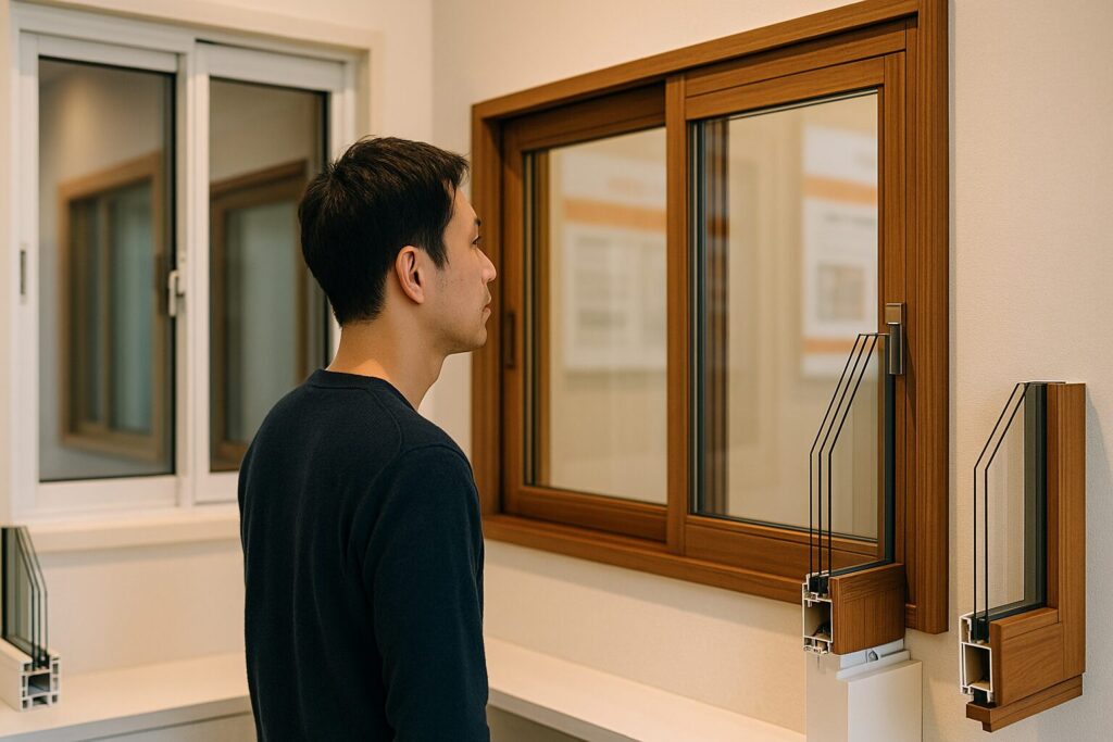 枠色・ガラス仕様(Low-E/複層)の違いをサンプルで比較し、遮熱・断熱・防音の目安を確認