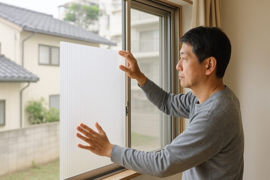 プラダンDIYで窓に半透明のプラダンパネルを取り付ける日本人男性の作業手順（はめ込み式）