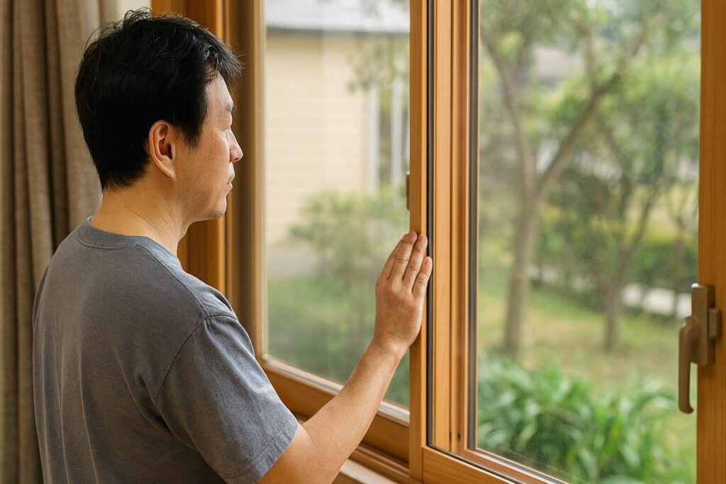 猫ドアdiy向け室内の木枠引き違い窓