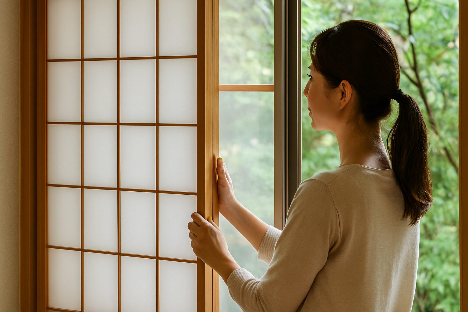 low-eガラス越しに外を眺める女性