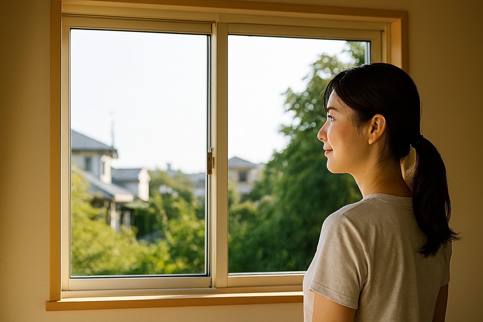 二重窓越しに庭を眺める女性
