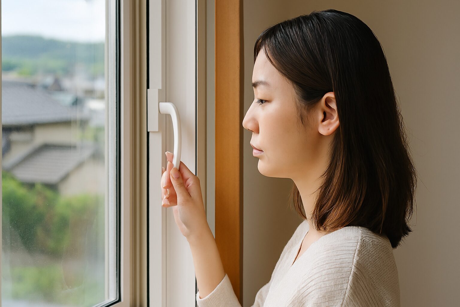 二重窓を見つめる日本人女性の後悔