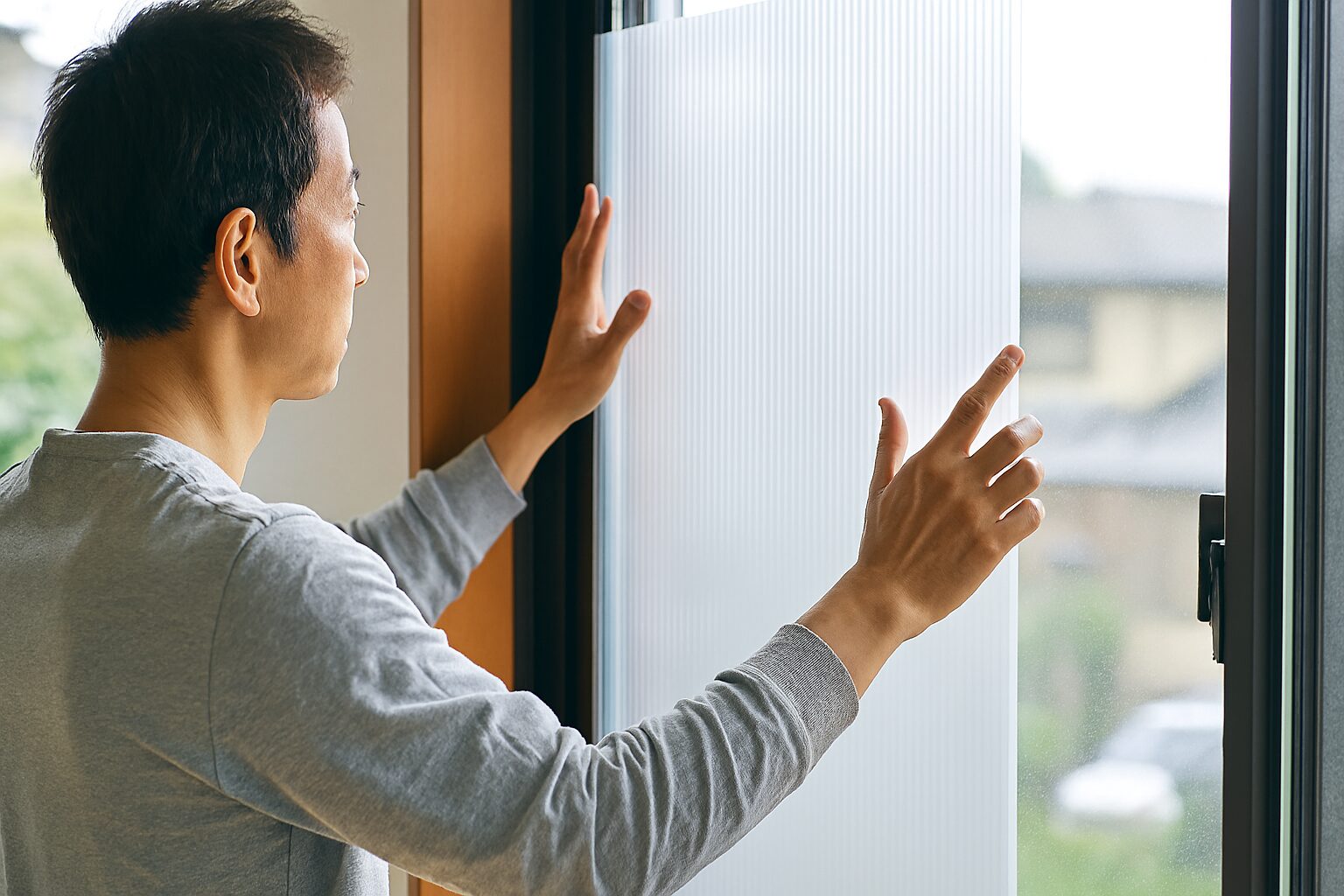 プラダン断熱効果を確認する男性