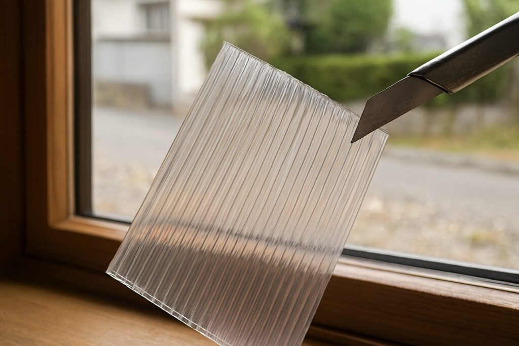 中空ポリカをカッターでまっすぐ切る作業手順の図解