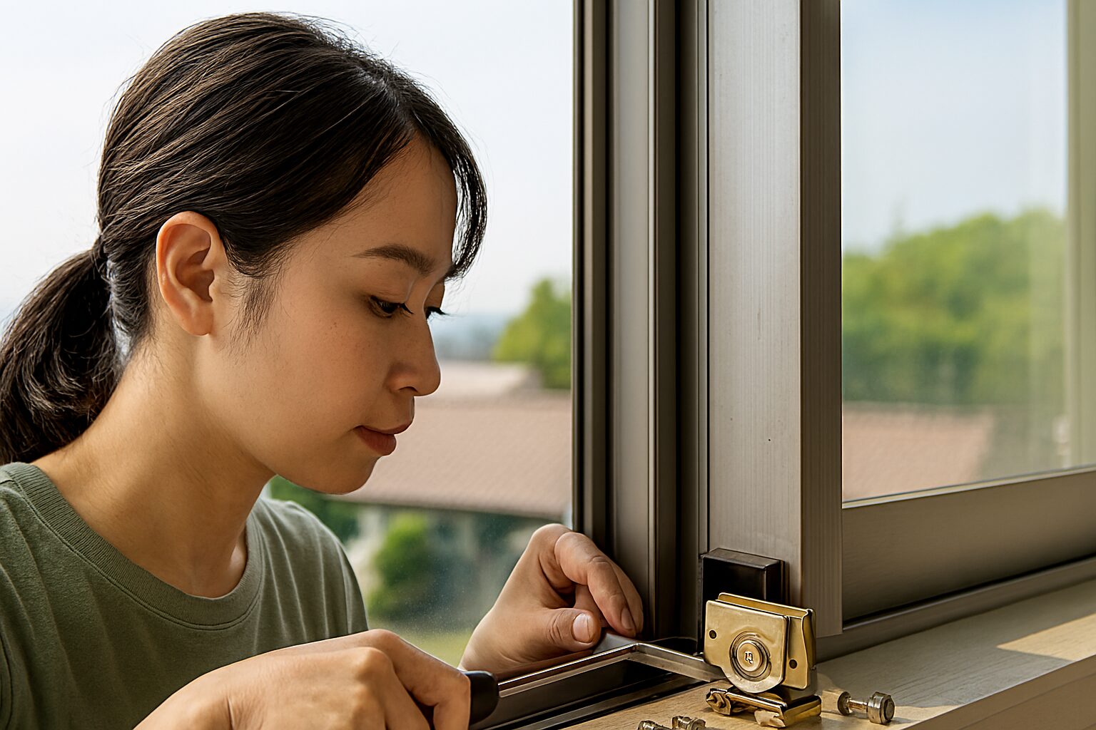 アルミサッシ戸車交換に集中する女性
