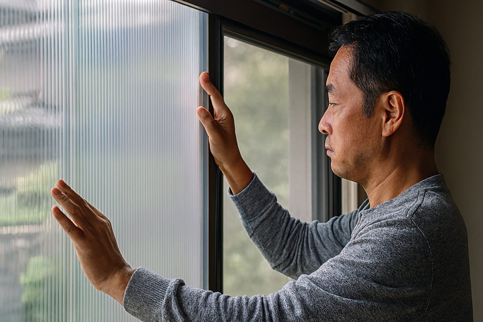 ポリカーボネート断熱材を窓に施工する男性