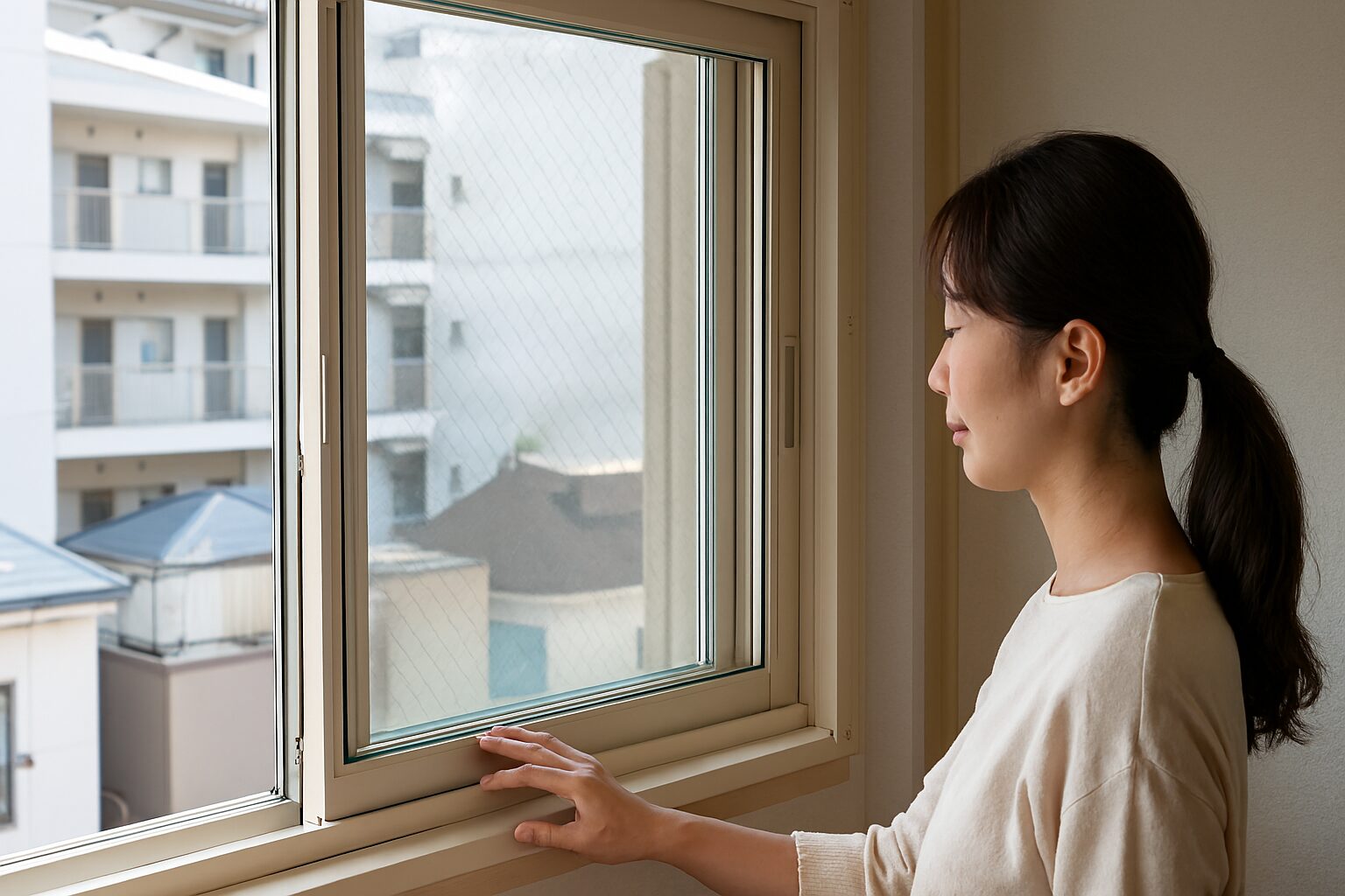 マンションの内窓ふかし枠を確認する女性