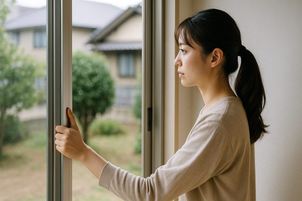 室内でアルミサッシの引き違い窓を横から操作し、戸車の調整状態を確認している日本人女性の様子