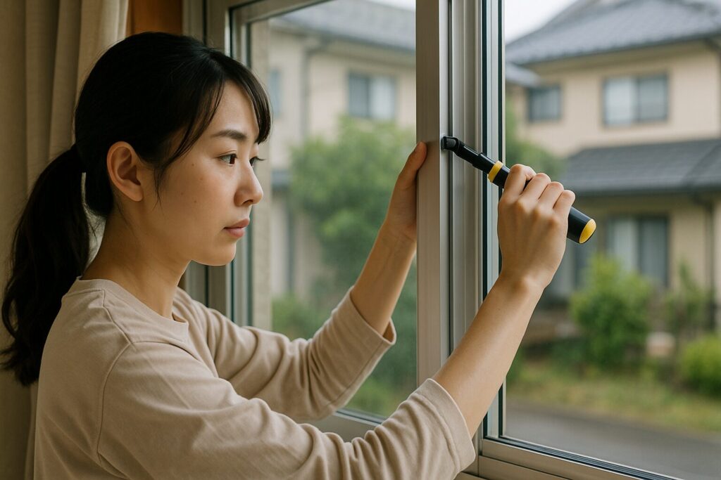 アルミサッシ枠の自作の様子と仕上がりを室内側から確認しているイメージ