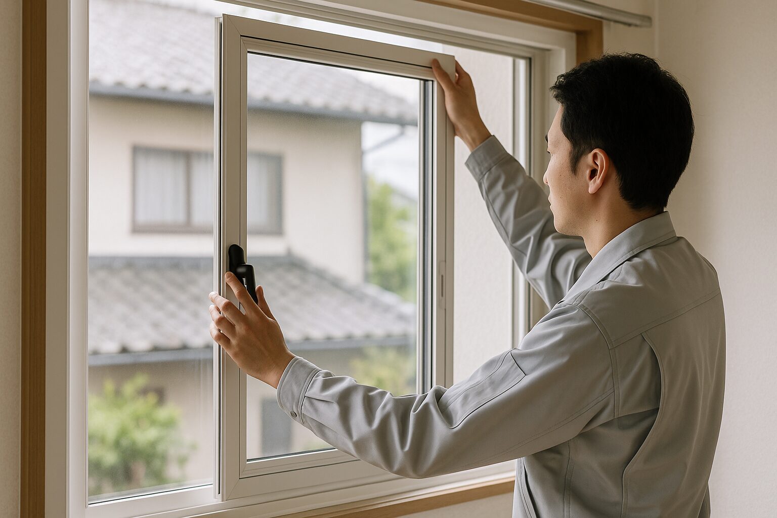 内窓納期に関わる取り付け作業中の男性