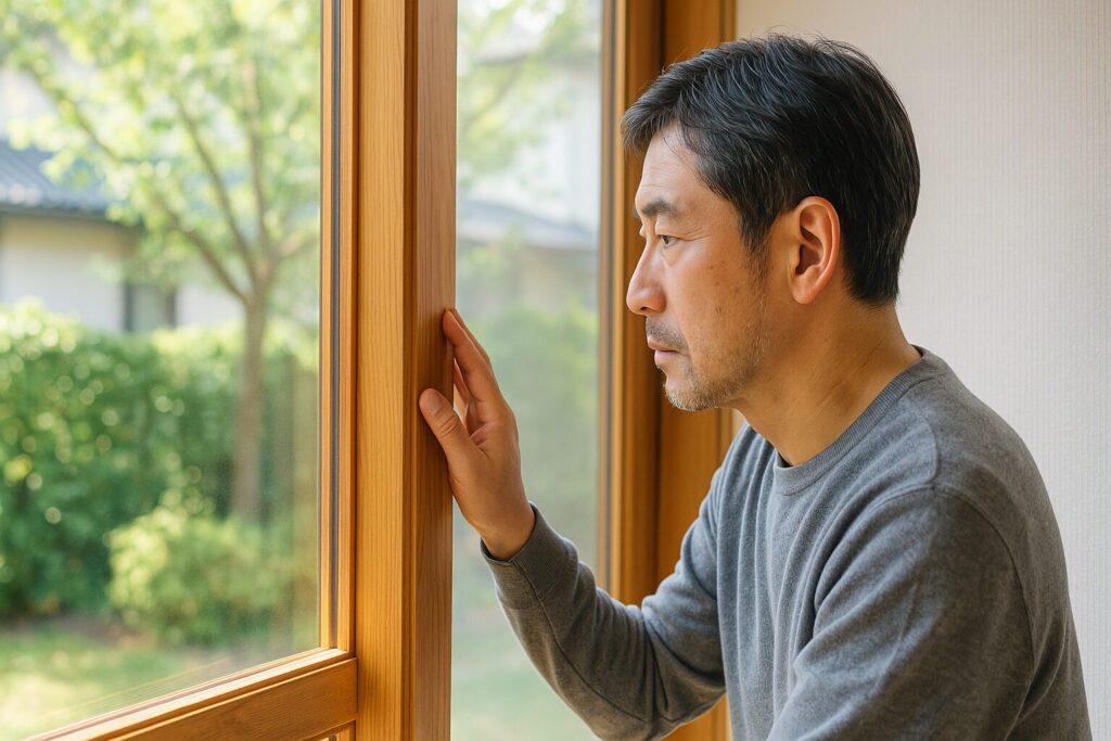 木製の額縁窓と庭の柔らかな光