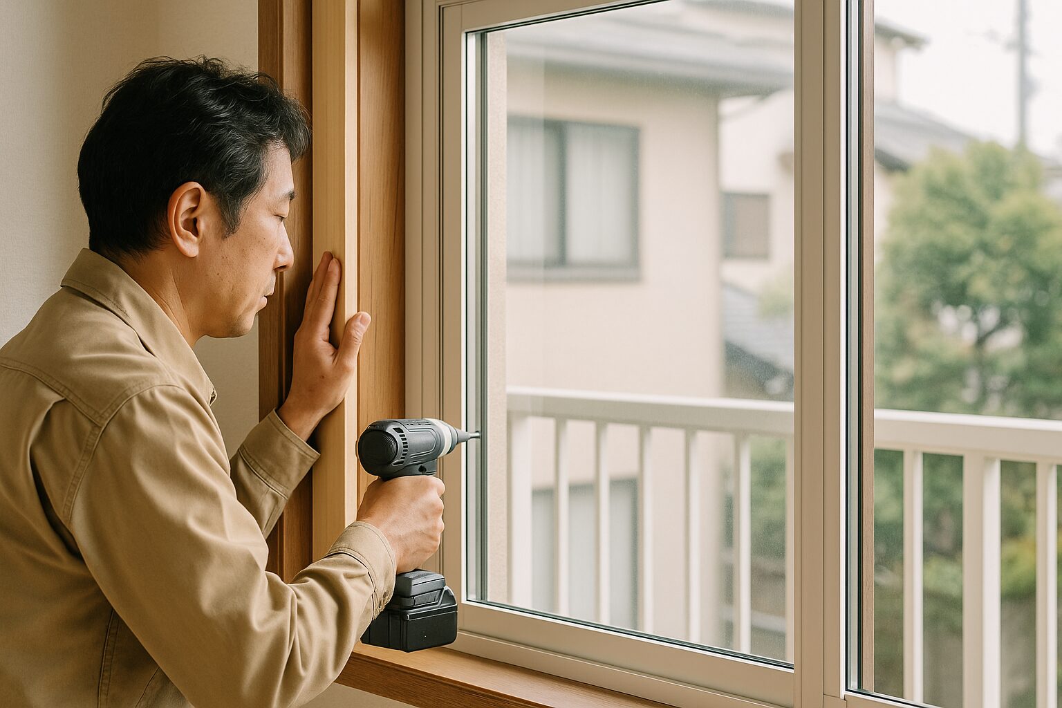 内窓ふかし枠DIYで作業する日本人男性