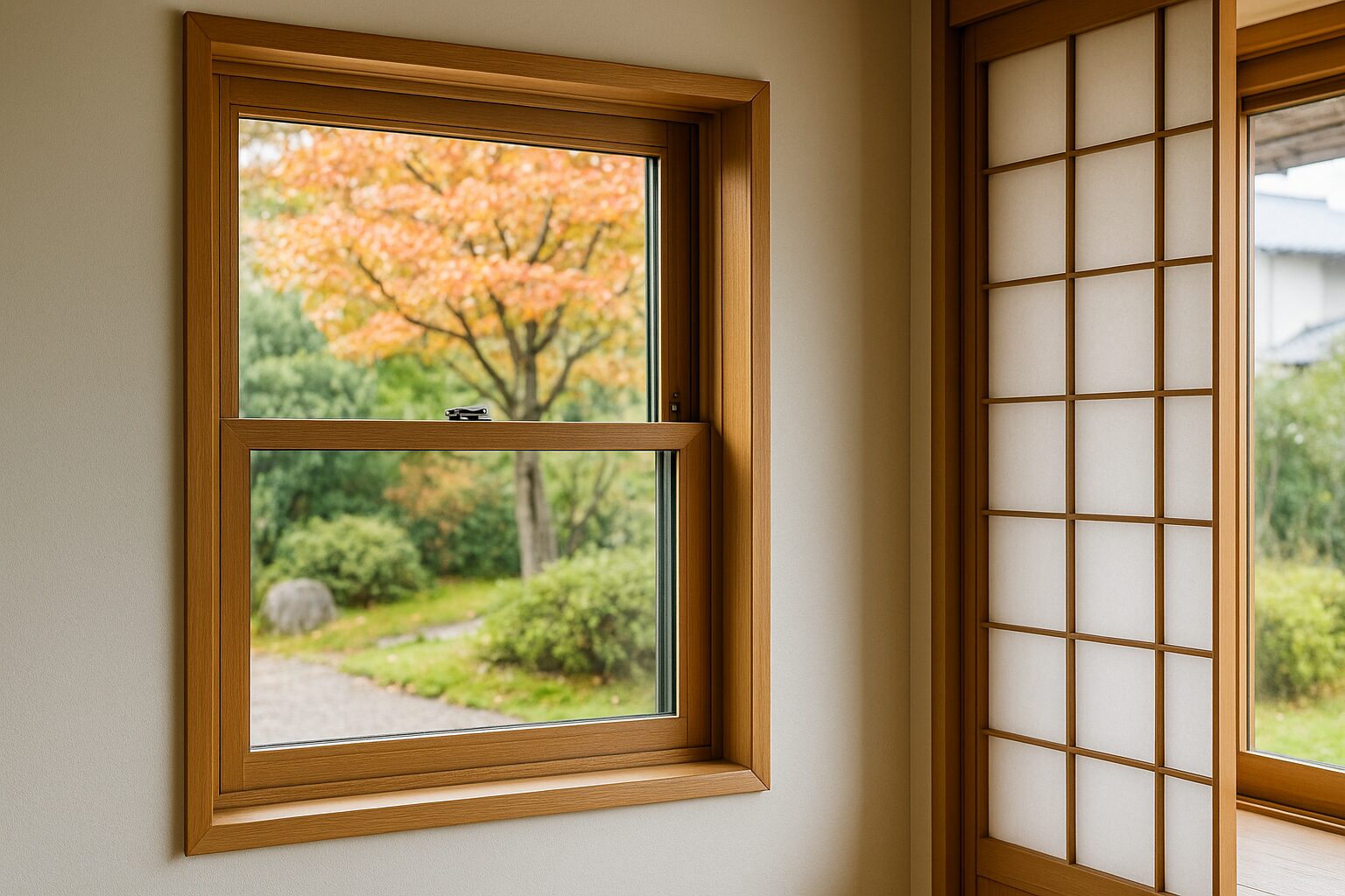 木製の額縁窓と庭の柔らかな光