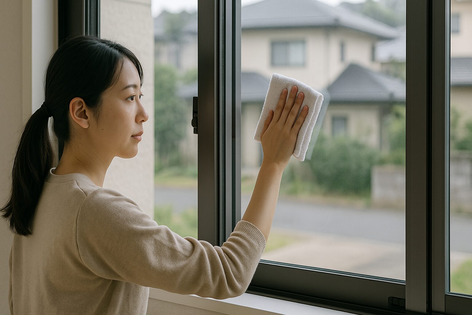 ガラスpwの掃除をする日本人女性