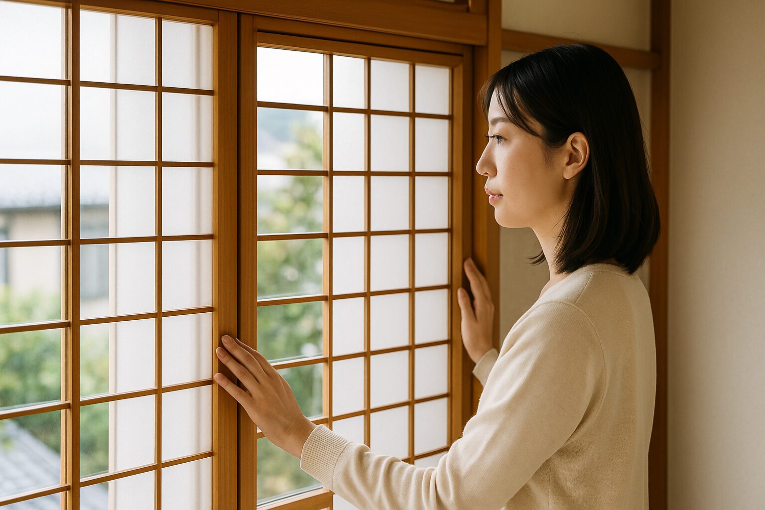 内窓障子の価格を確認する日本人女性