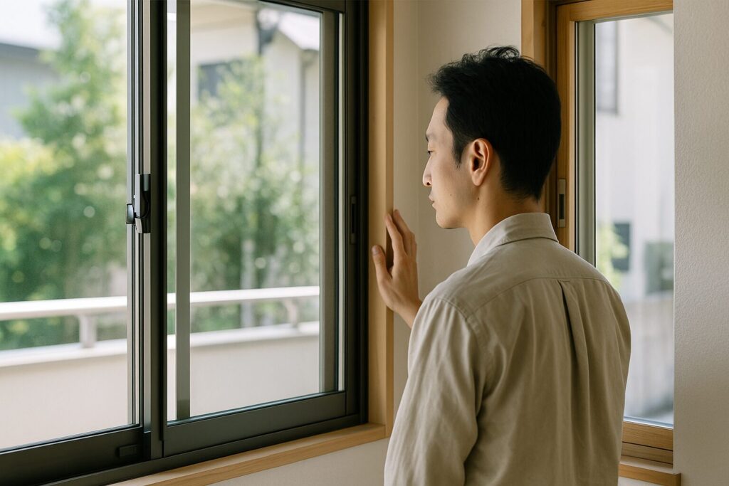 カバー工法と内窓を比較する日本人男性