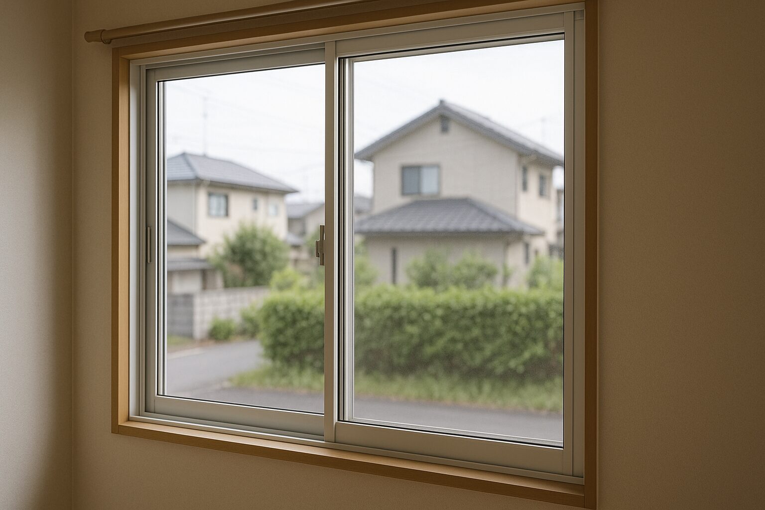 内窓の薄いフレームと郊外の風景