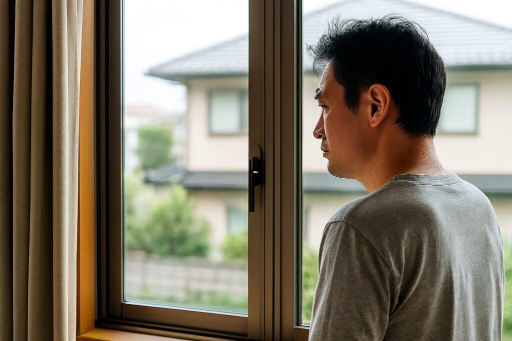 内窓の納期遅延に不安を抱き外を見る女性