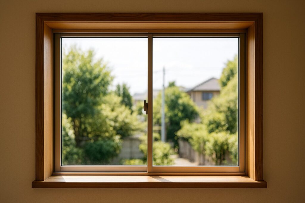 窓額縁の構造と室内側の見え方を示す写真