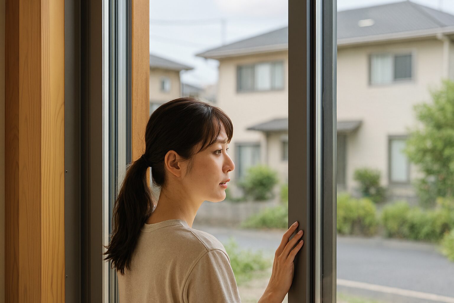 木造住宅の窓サッシ納まりと女性