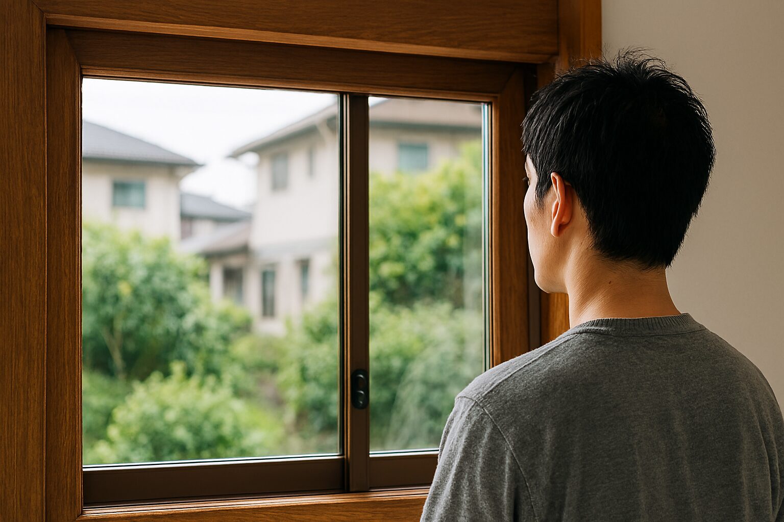 額縁サッシ越しに佇む日本人男性