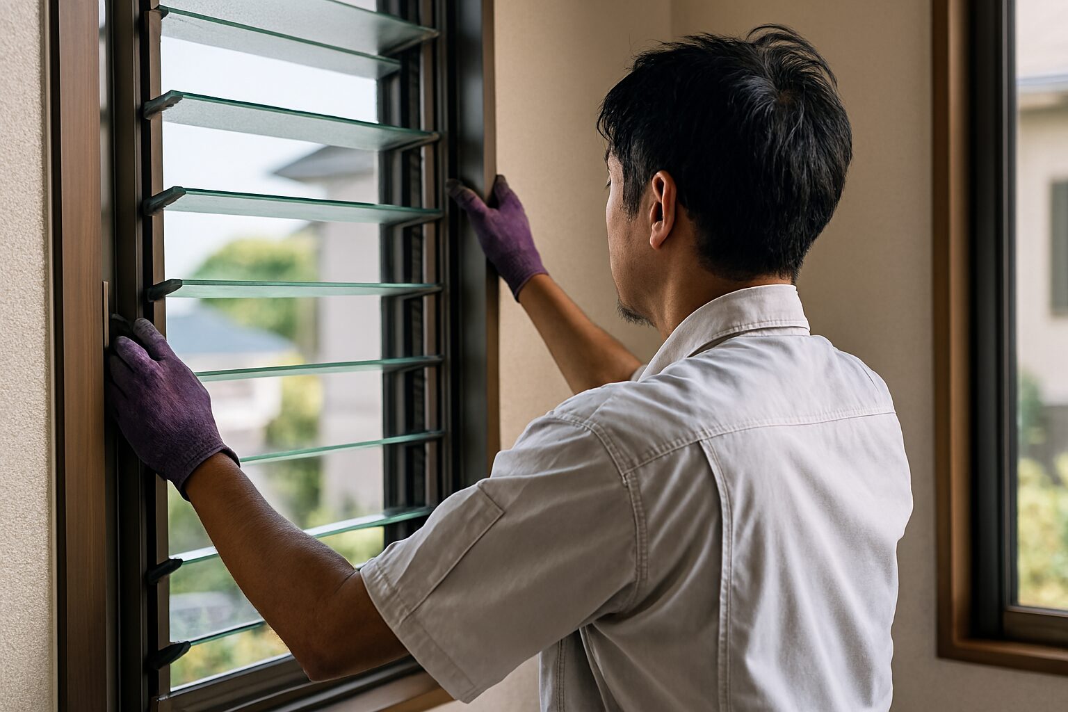 ルーバー窓交換作業と補助金対象住宅