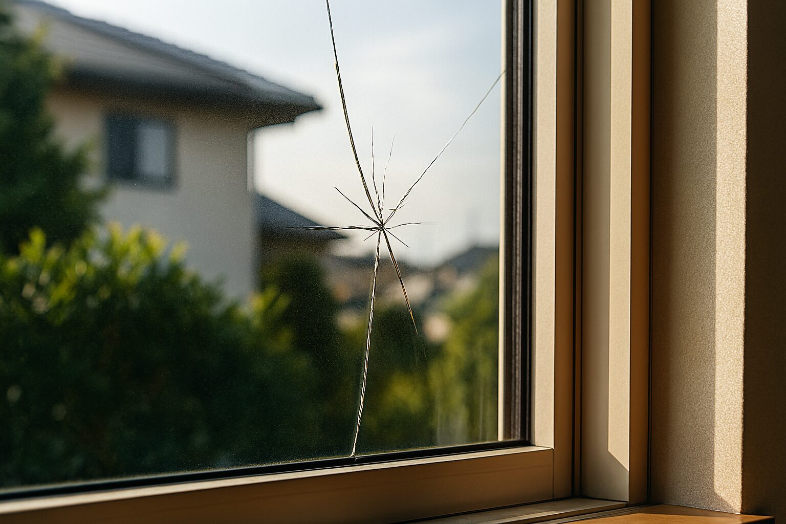 熱割れしたペアガラス窓と住宅景観