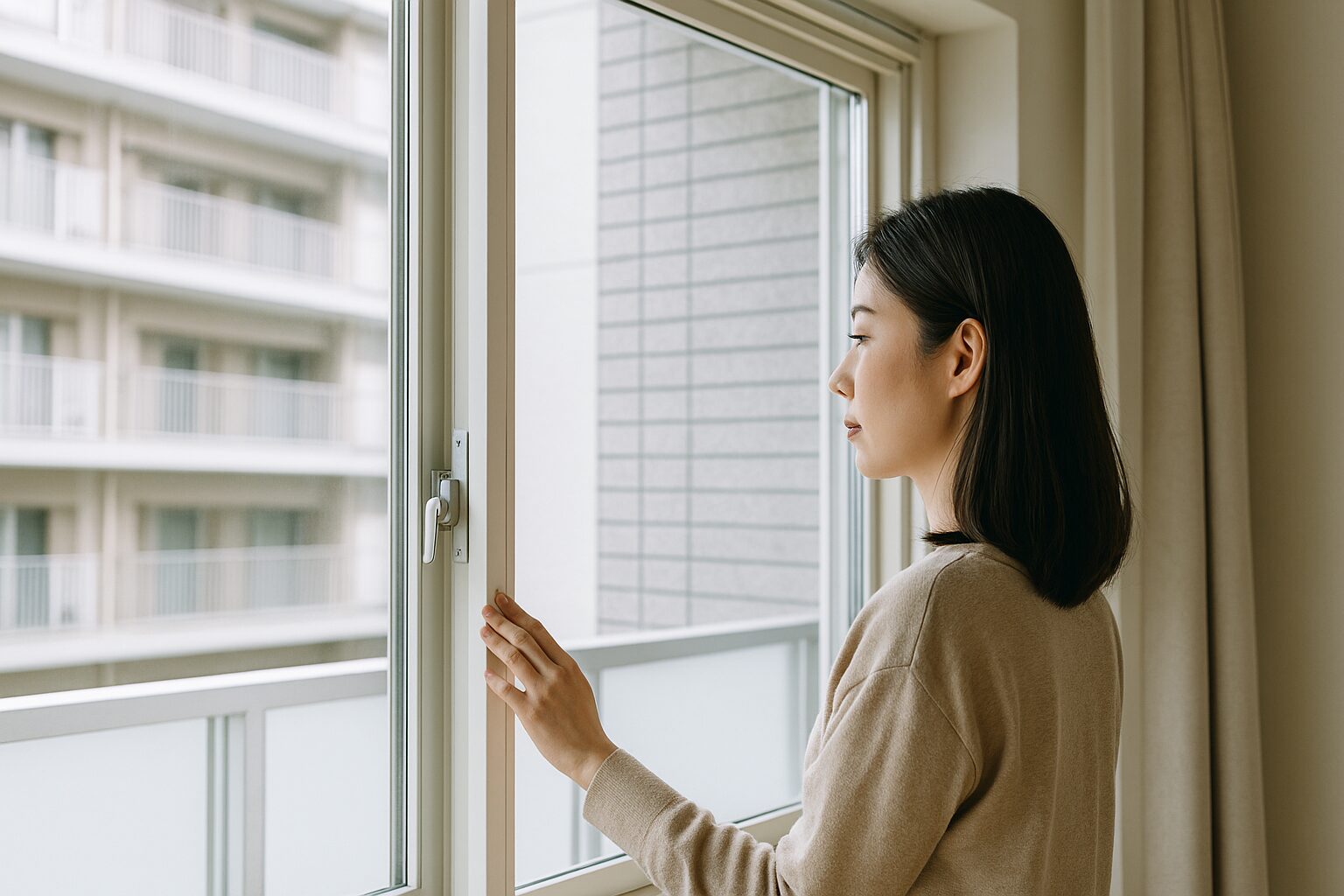 マンションの内窓を眺める女性