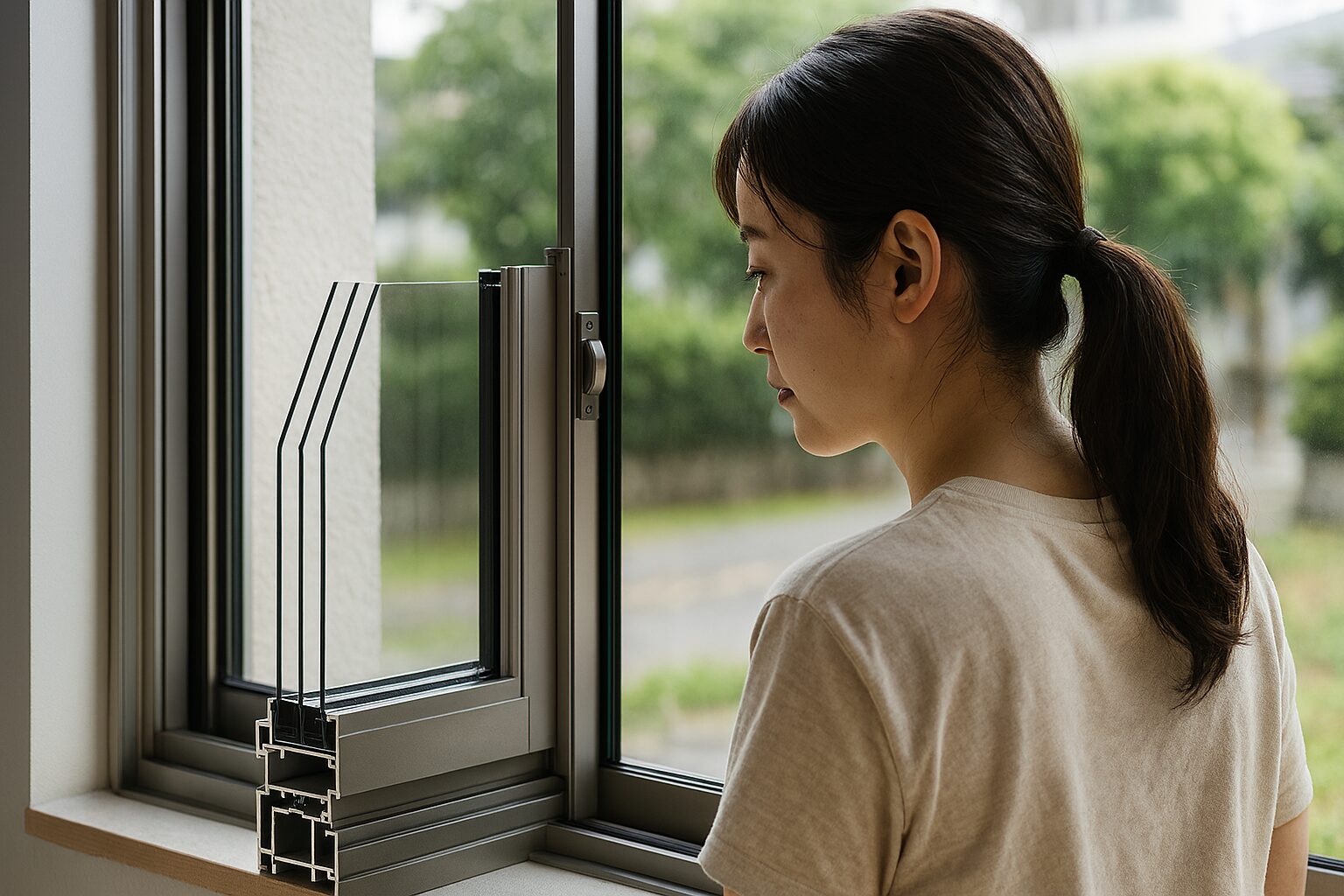 サッシ構造図を見つめる女性の後ろ姿