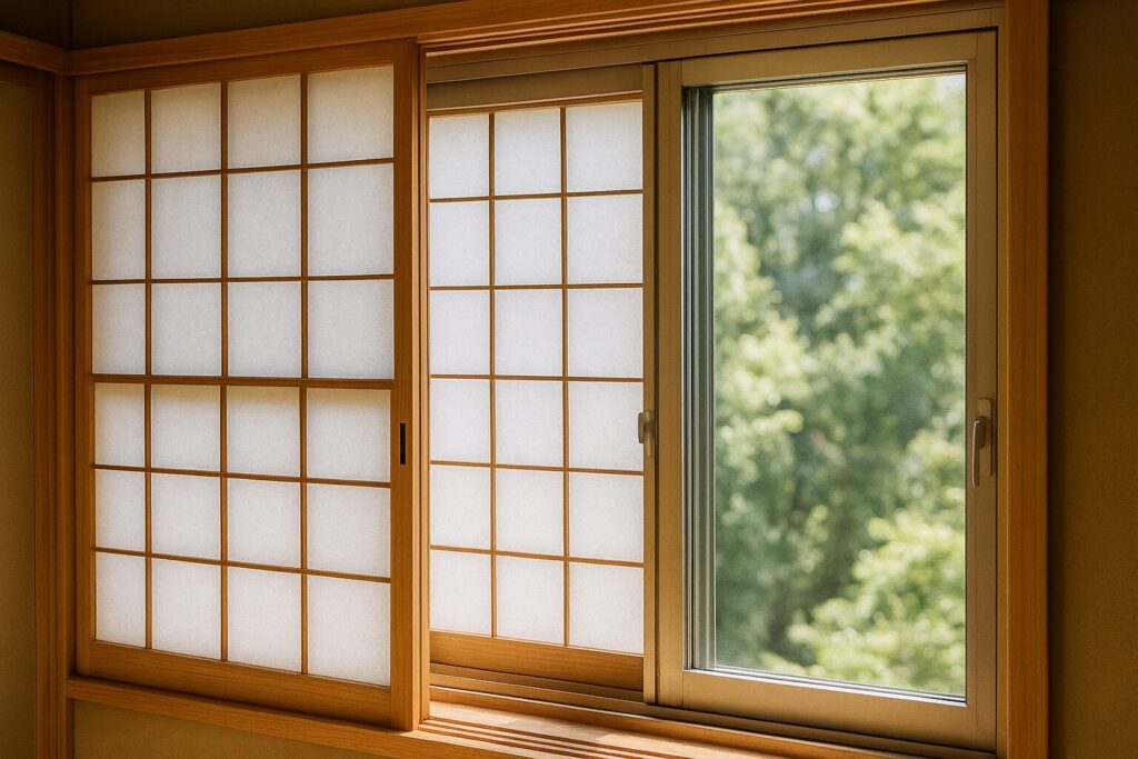 内窓障子の価格を確認する日本人女性