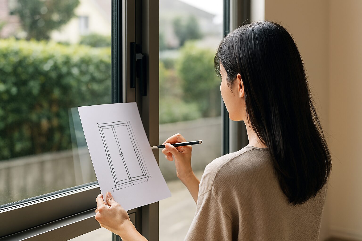 サッシ寸法図面を確認する日本人女性