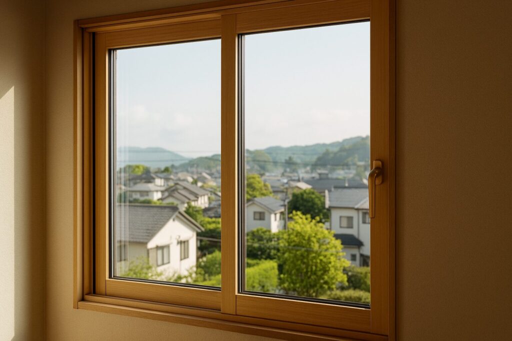 内窓ガス入りの断熱効果を確認する日本人女性