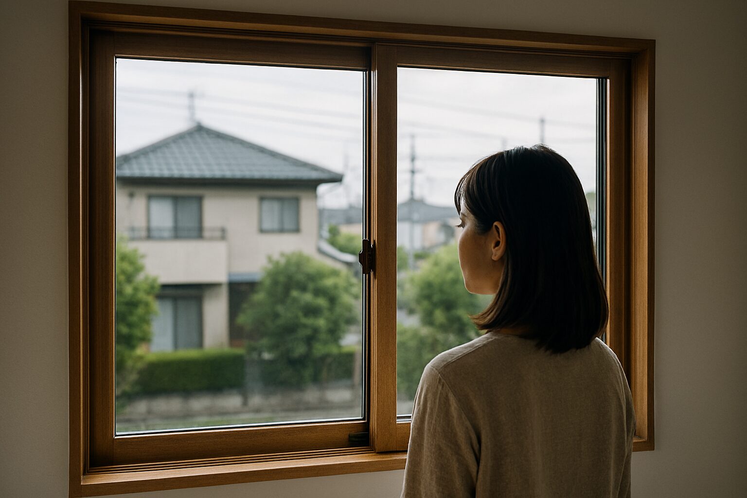 窓額縁越しに女性が外を眺める