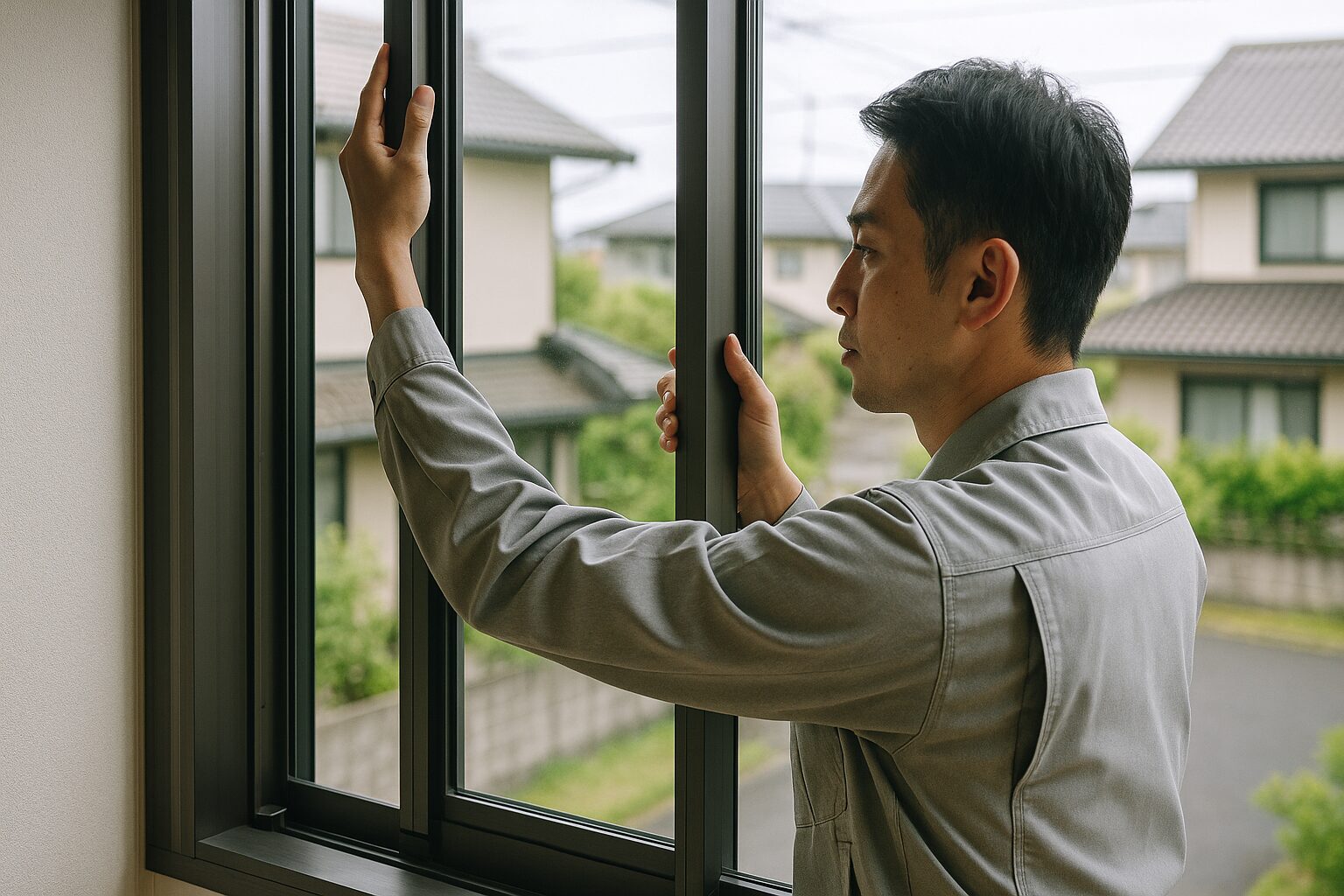 方立サッシを設置する日本人男性