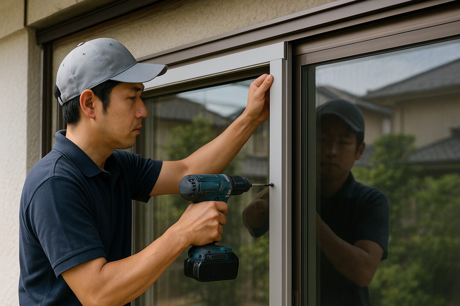 サッシカバー工法の施工中の男性