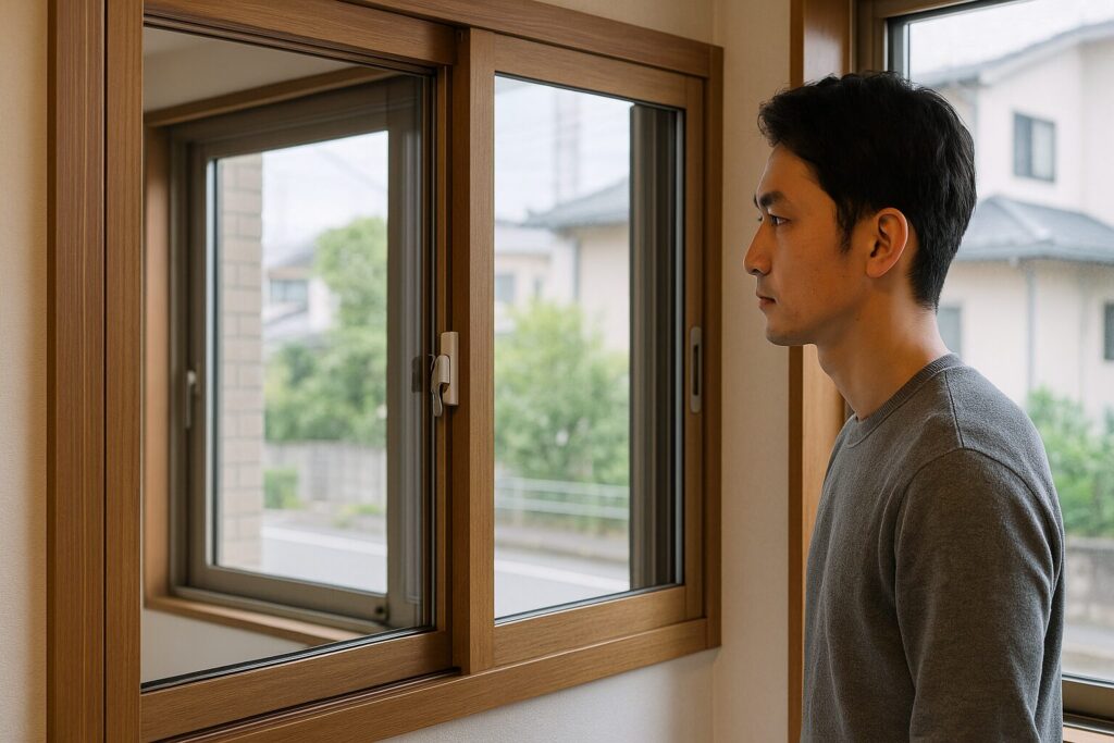 内窓と外窓の違いを確認する日本人男性