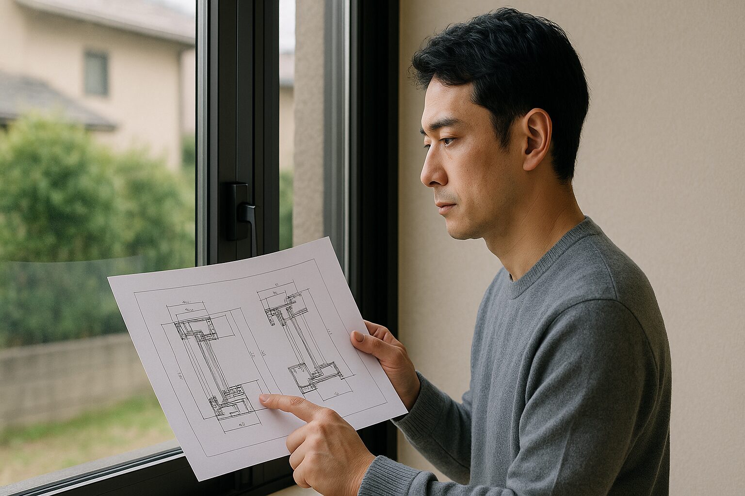 サッシ図面の見方を確認する男性