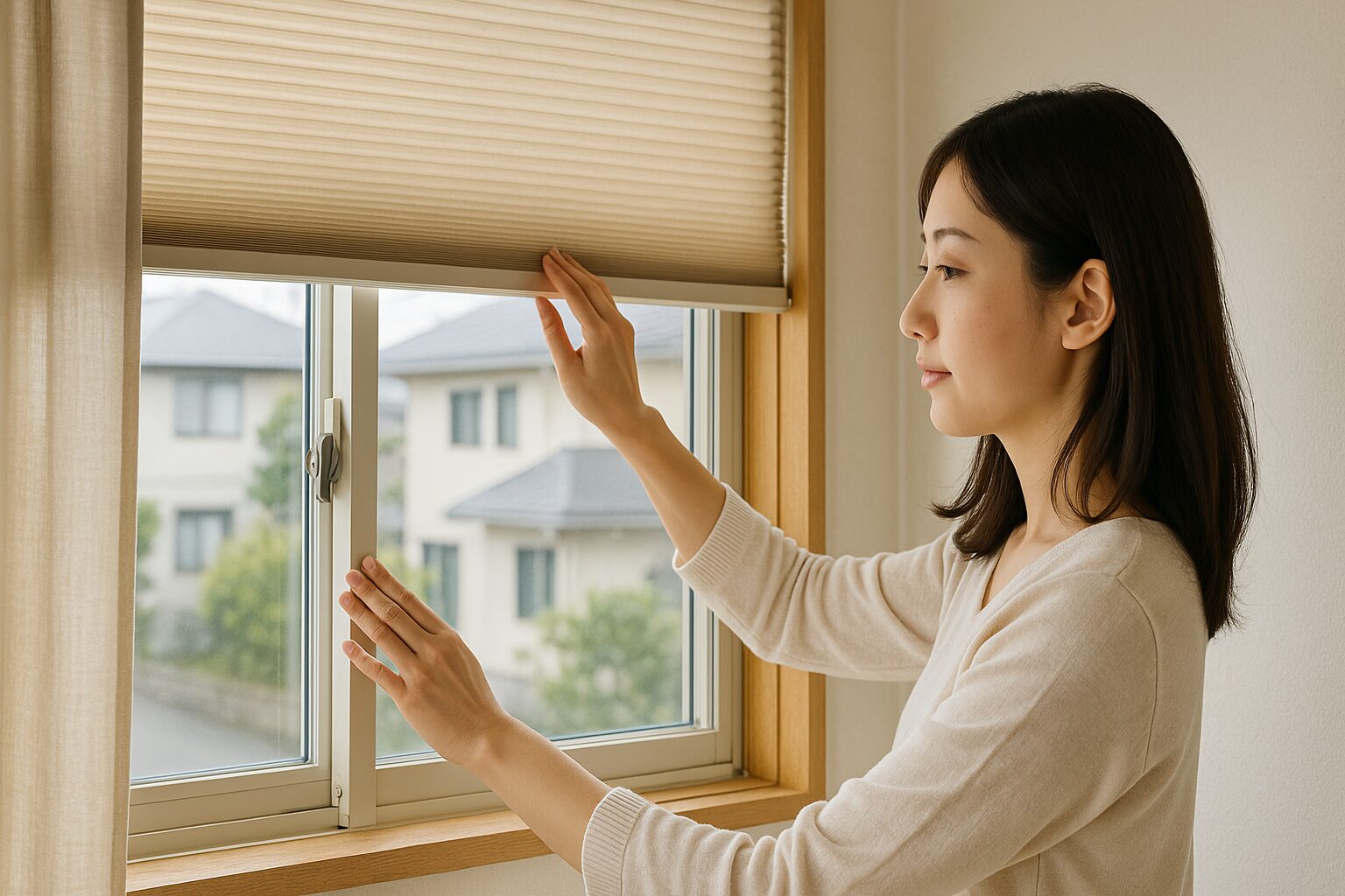 二重窓のカーテン代わりを調整する女性