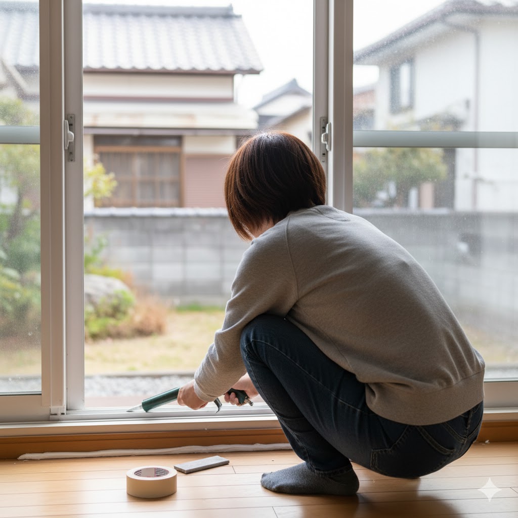サッシまわりのコーキング施工中の様子