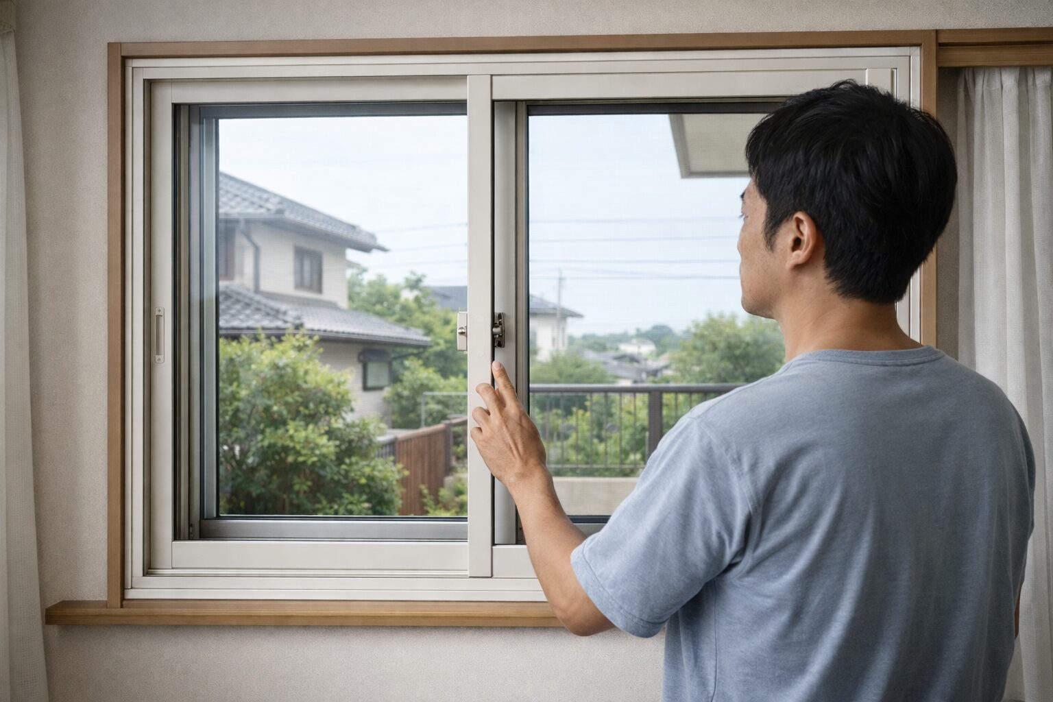 内窓の図面を確認する日本人男性